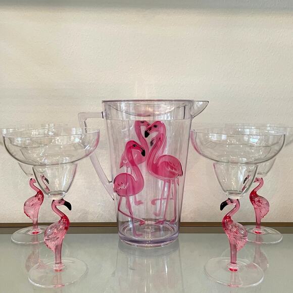 Novogratz Acrylic Pink Flamingo Pitcher & Stemmed Margarita Glass Set of 4 NEW - Picture 1 of 16